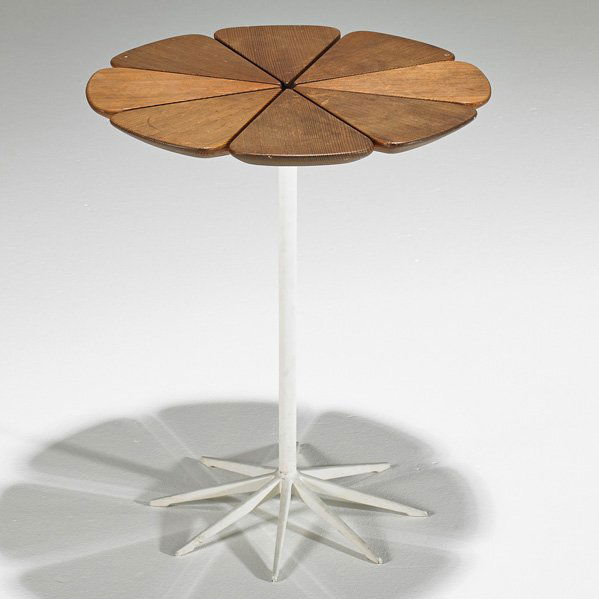RICHARD SCHULTZ; KNOLL ASSOCIATES: Petal table, New York, 1950s; Plastic coated metal and redwood; Manufacturer's label; 19 1/2" x 16 1/4" dia