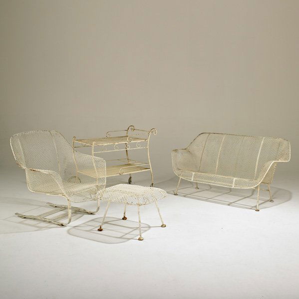 RUSSELL WOODARD: Sculptura settee, lounge chair, ottoman and bar cart; Painted iron; Settee: 27 1/2" x 53" x 31"