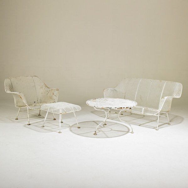 RUSSELL WOODARD: Sculptura settee, lounge chair and coffee table; Painted iron; Settee: 27 1/2" x 53" x 31"