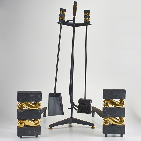 DONALD DESKEY: Fireplace group tools, screen and andirons; Enameled wrought-iron; All marked; Tools: 34 1/8" x 12" x 8"