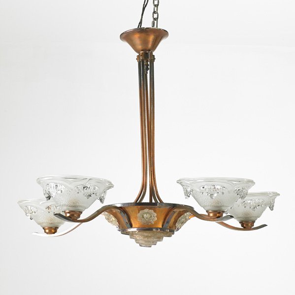 ART DECO: Two pieces of lighting: one five-light chandelier, brass-plated metal and glass; one ceiling fixture, brass, copper-plated metal, brushed aluminum and colored glass; both unmarked: Larger: 25" x 29" d