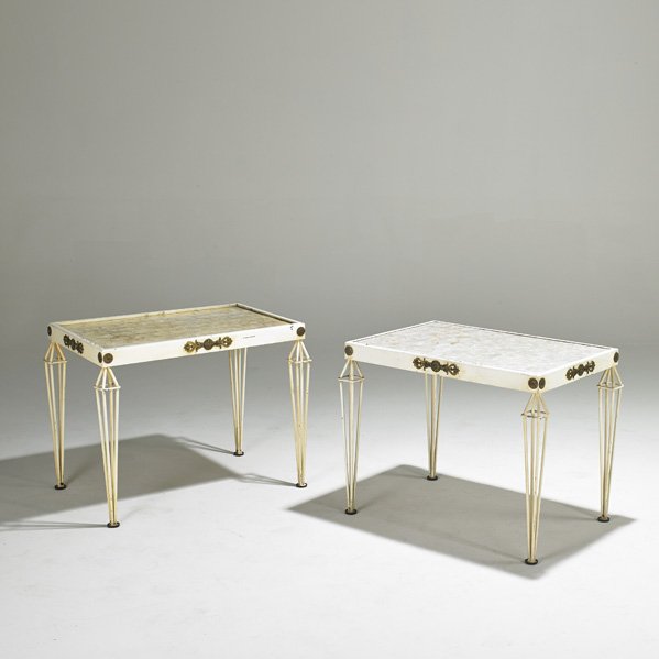 STYLE OF WILLIAM (BILLY) HAINES: Pair of side tables, USA, 1960s; Enameled steel, capiz shell and brass; Each: 24" x 22" x 31"