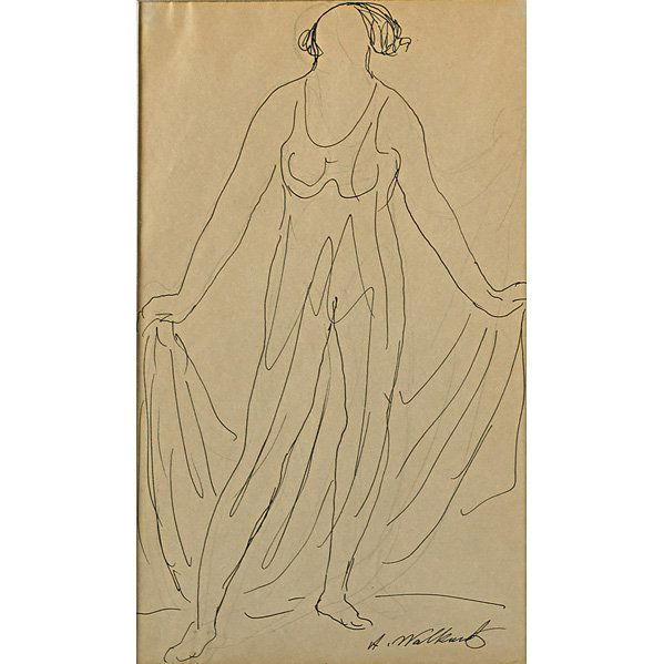 ABRAHAM WALKOWITZ (American, b. Russia, 1878-1965): Pen and ink drawing with pencil of Isadora Duncan (framed); Signed; 13 3/4" x 8 1/4" (sight)