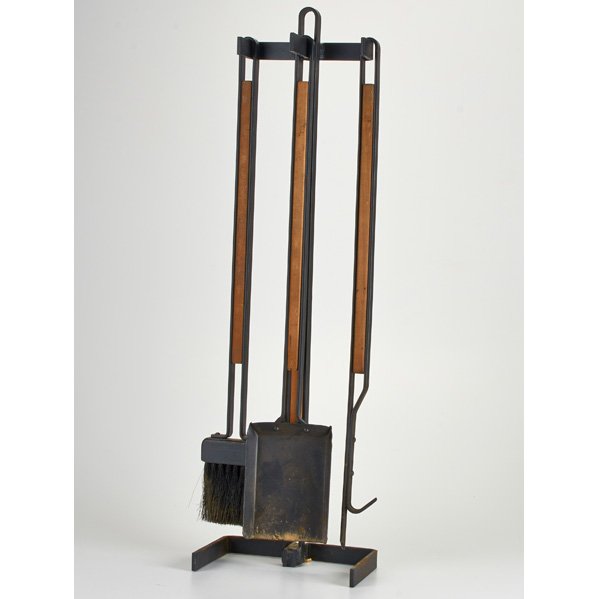 MODERN: Fireplace tool and stand; Wrought-iron and teak; Unmarked; 31 1/2" x 9 1/4" x 5 3/4"