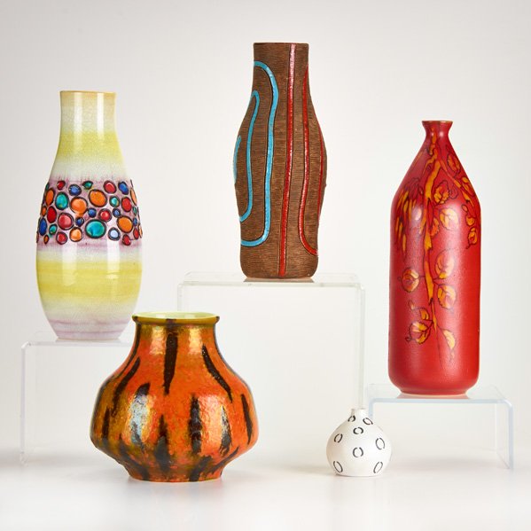 RAYMOR: Five stoneware vases, Italy, 1950s: cabinet and bottle; Signed and numbered; Tallest: 11 1/4"