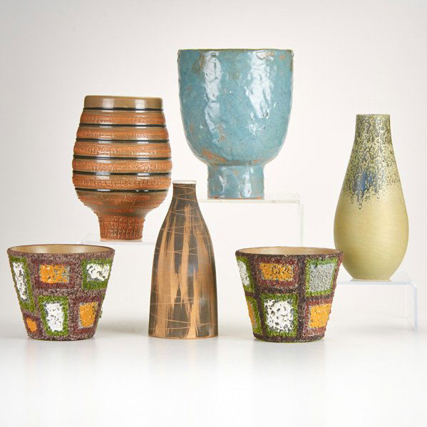 RAYMOR: Six stoneware vessels, Italy, 1950s: pair planters, two footed vases; All signed, numbered, three with paper labels; Tallest: 11 1/2"