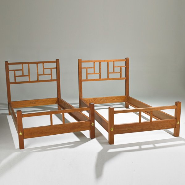 THOMAS MOSER: Pair of New Century China twin beds, Auburn, ME, 2011; Cherry and brass fittings; Signed and dated; Each: 43 1/2" x 44" x 81"