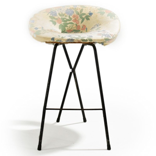 ITALIAN: Bar stool, 1950s; Enameled iron and upholstery; Unmarked; 34" x 24" x 18"