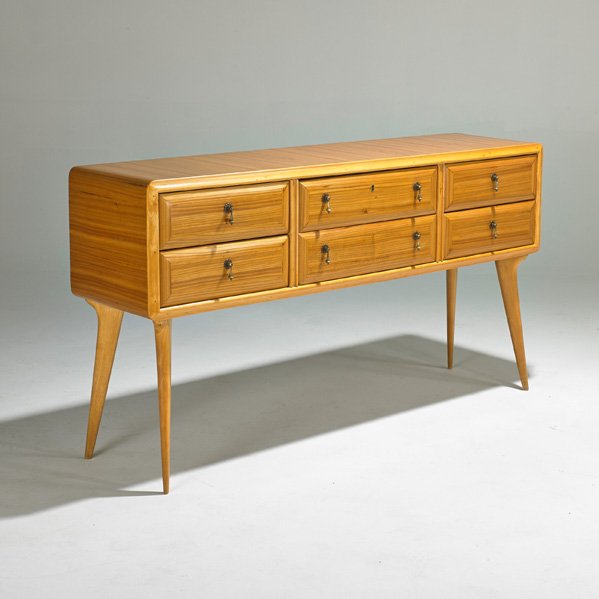 STYLE OF OSVALDO BORSANI: Six drawer console, Italy, 1950s; Sycamore, beech and brass; Unmarked; 35" x 64 1/2" x 17"