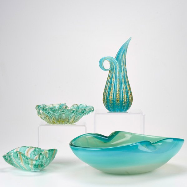BAROVIER; MURANO; ETC: Four glass items including: two bowls with pinched sides, Barovier gold-leaf and aqua vase, shell shaped bowl and, Italy; Unmarked; Largest: 10" x 5"