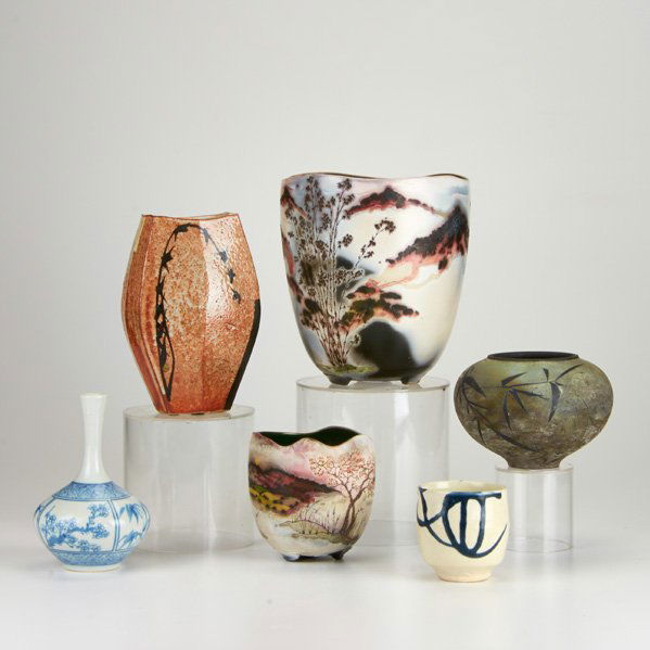 STUDIO POTTERY: Six Asian style vases by Patrick Dragon, Darla Dunlap, Sequoia Miller, Kwang Cho Wi and Warren Mackenzie; All signed; Largest: 8 " x 7 1/2"