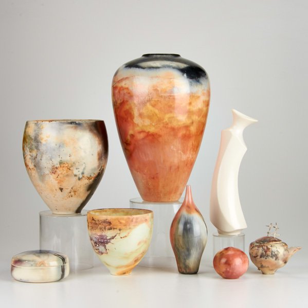 SCOTT TUBBY; ALEX MANDLI; JUDITH MOTZKIN: Eight studio pottery pieces: monumental vase, two tall bowls, seed pot, covered box, two bud vases and teapot; All marked; Largest: 14"