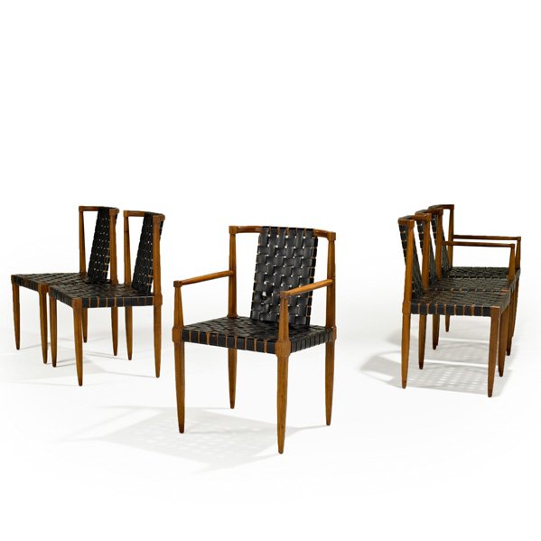 TOMLINSON: Set of six dining chairs, 2 arm-, 4 side, USA, 1950s; Stained beech and leather; Each armchair: 33" x 20 1/2" x 20"