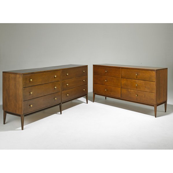 PAUL McCOBB; WINCHENDON: Planner Group two six-drawer long chests, USA, 1950s; Birch with brass washed pulls; One foil label, one stamped; Longer: 33 1/2" x 72" x 18 1/2"