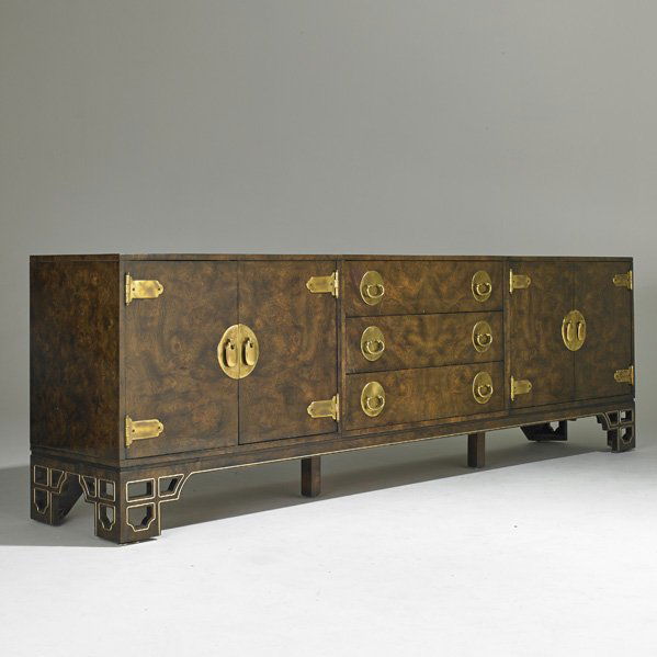MASTERCRAFT: Cabinet, USA, 1980s; Burlwood and bronze; 31 ¼” x 102 x 18