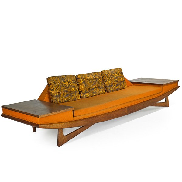 ADRIAN PEARSALL; CRAFT ASSOCIATES: Low sofa, Wilkes Barre, PA, 1960s; Sculpted walnut, walnut and upholstery; Unmarked; 29 1/2" x 117 1/2" x 32 1/2"
