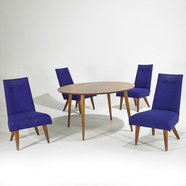 ADRIAN PEARSALL; CRAFT ASSOCIATES: Low dining table and four chairs, Wilkes Barre, PA, 1960s; Stained and lacquered wood and upholstery; Table: 25 1/2" x 44", chairs: 32" x 21" x 29"