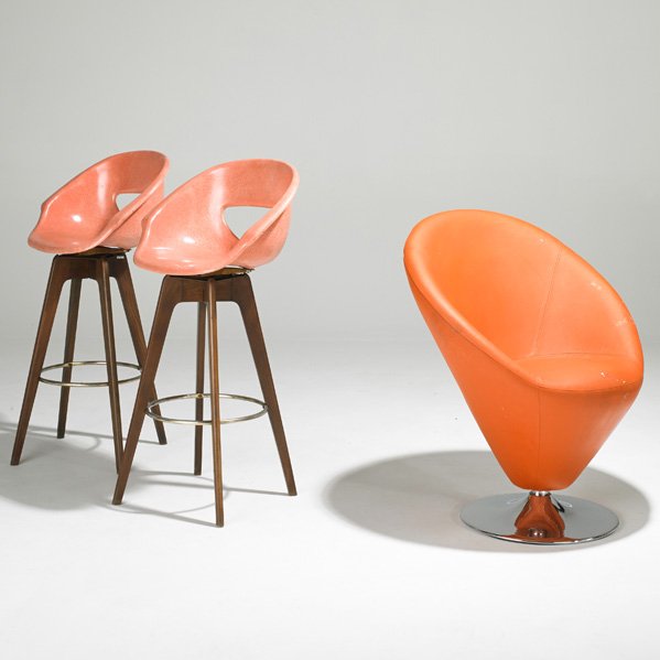 MODERN: Pair of shell bar stools and Panton-style cone chair; Fiberglass, walnut, chromed steel, and leather; Stools made in Yugoslavia; Stools: 39" x 21 1/2" x 16"