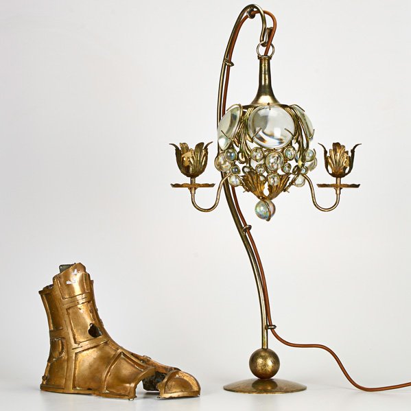 STEAM PUNK: Brass and glass ball table lamp together with bronze boot sculpture; Unmarked; Lamp: 30" tall