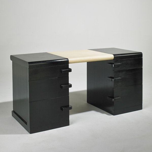 STYLE OF JAMES MONT: Double pedestal desk, USA, 1960s; Lacquered wood and leather; Unmarked; 29" x 60" x 27"