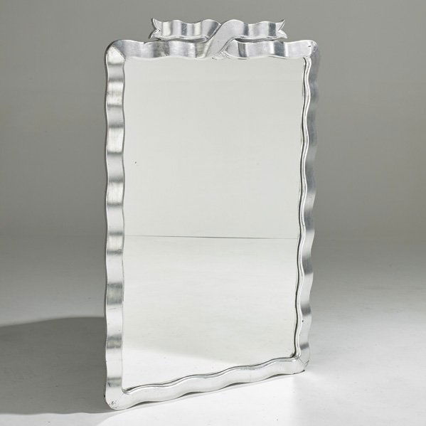 LA BARGE: Wall mirror, USA, 1970s; Silver-leaf wood frame and mirrored glass; 42" x 32" x 3"