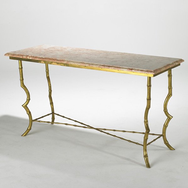FRENCH: Console, 1950s; Solid brass and marble; Unmarked; 29" x 53 1/2" x 21"