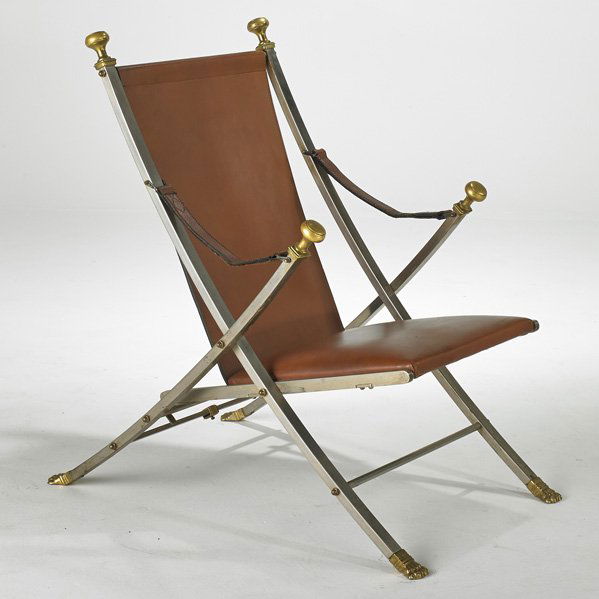 MAISON JANSEN: Campaign lounge chair, France, 1970s; Matte chromed steel, brass and leather; Unmarked; 37" x 21" x 23"