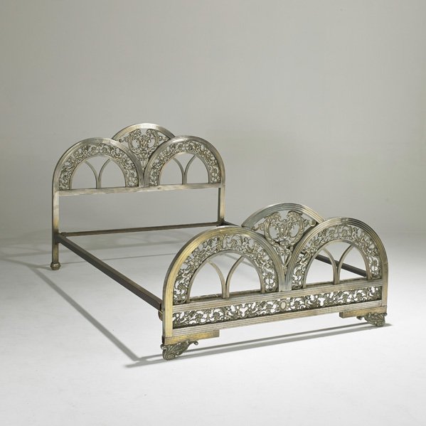 ART DECO: Full-size bed, USA, 1930s; Nickeled brass and enameled steel; Overall: 41 1/2" x 54" x 78"