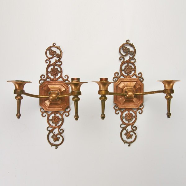 OSCAR BACH: Pair of hammered bronze two-light candle sconces; Marked; Each: 14 1/2" x 9 1/2" x 7 1/2"