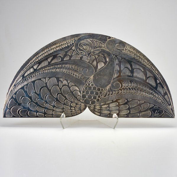 ERTE; STEVENARTS LIMITED: Silver peacock wall hanging, 1989; Signed; 14" x 24 1/4"