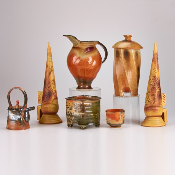JUDITH DUFF; MALCOLM DAVIS; STEVEN HILL;: STEPHEN FABRICE; Seven pieces studio pottery including: pitcher, teapot, and jars; Four signed; Largest: 15 3/8"