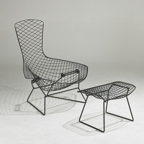 HARRY BERTOIA; KNOLL ASSOCIATES: Bird chair and ottoman, New York, 1950s; Painted metal; Unmarked; Chair: 39" x 37 1/2" x 33", ottoman: 15 1/2" x 23 1/2" x 17"