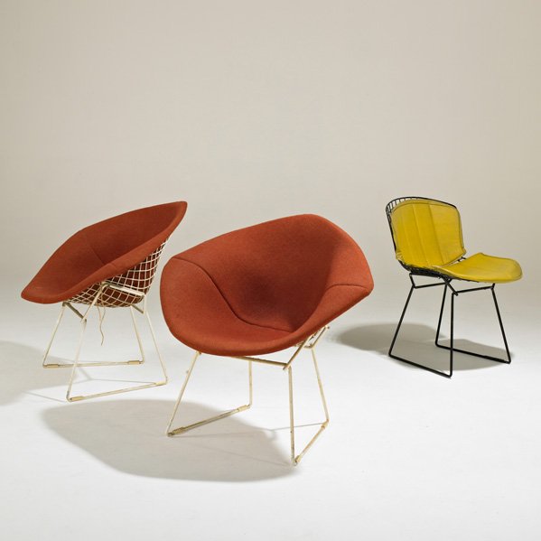 HARRY BERTOIA; KNOLL INTERNATIONAL: Pair of Diamond chairs together with side chair, USA, 1970s; Wool, plastic-coated steel and vinyl; Fabric labels; Diamond chairs: 30" x 33 1/2" x 27 1/2", side chair: 30" x 21" x 21"
