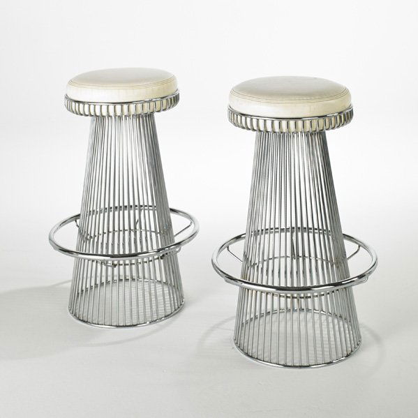 STYLE OF WARREN PLATNER: Pair bar stools, USA, 1960s; Chromed steel and leatherette; Unmarked; Each: 30" x 20" dia.
