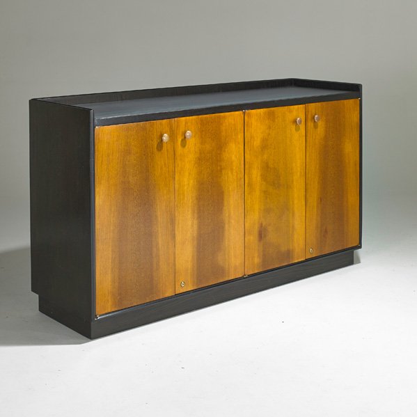 EDWARD WORMLEY; DUNBAR: Four door cabinet, Berne, IN, 1960s; Stained lacquered ash, laminate top in a marble pattern and brass; Brass label; 38" x 66" x 20"