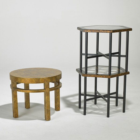 JOHN WIDDICOMB; HENREDON: Three occasional tables, USA, 1960s; Polychromed wood and glass; Pair: 16 1/2" x 21" x 18 1/2", table: 17" x 20" dia.