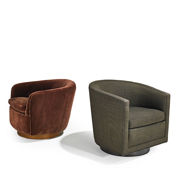 EDWARD WORMLEY/ MILO BAUGHMAN; DUNBAR/THAYER: COGGIN; Two swivel lounge chairs, USA, 1960s; Upholstery, walnut and ebonized wood; Both labeled; Dunbar: 27 1/2" x 31" x 30"