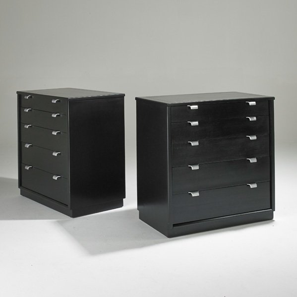 EDWARD WORMLEY; DREXEL: Pair of Precedent Collection dressers, High Point, NC, 1950s; Ebonized wood and enameled metal; Branded; Each: 33" X 32" X 19 1/2"