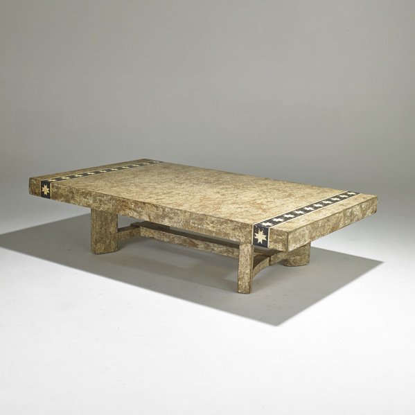 T.H. ROBSJOHN GIBBINGS; WIDDICOMB MODERN: Large coffee table, Grand Rapids, MI, 1940s; Crackled lacquer over wood; Decal label; 16 1/2" x 66" x 40"800