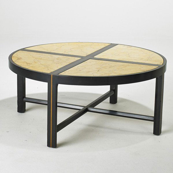 TOMMI PARZINGER; CHARAK MODERN: Segmented coffee table, Boston, MA, 1950s; Ebonized mahogany, satin wood, and marble; Unmarked; 15 3/4" x 38 " dia.