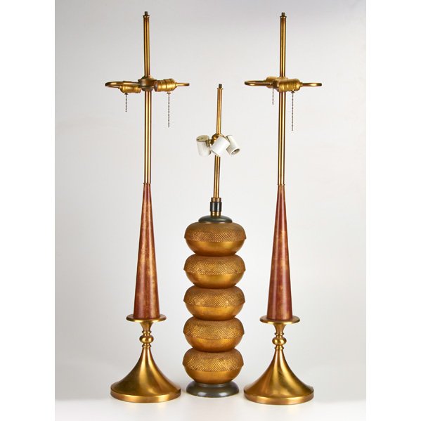 HANSEN; ETC.: Three table lamps: Hansen gilt and bronze, pair brass and wood; Hansen overall: 36"