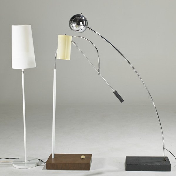 MODERN LIGHTING: Three floor lamps, USA, 1960s; Chromed and enameled steel, plastic and linen; Unmarked; Largest: 59" x 38" x 9"