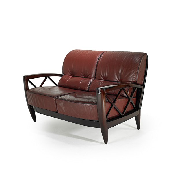 MARIANI; PACE: Loveseat, New York/ Italy, 1990s; Stained and lacquered mahogany and leather; Manufacturers label; 35" x 53 1/2" x 40"