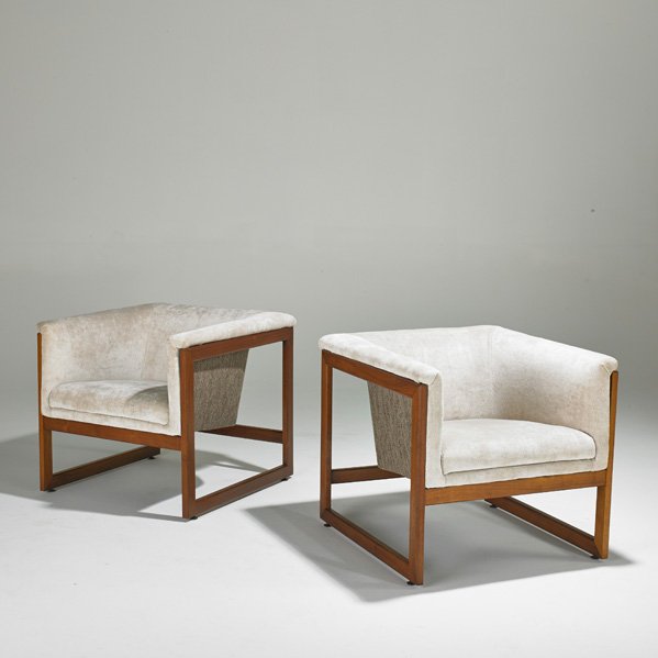 STYLE OF MILO BAUGHMAN: Pair of lounge chairs, USA, 1970s; Walnut and chenille; Unmarked; Each: 26" x 28" x 29"