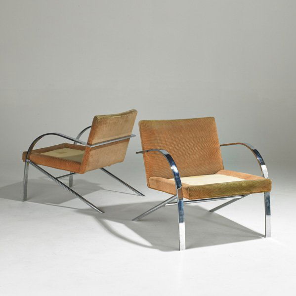 PAUL TUTTLE (Attr.): Pair of cantilevered lounge chairs, USA, 1970s; Chromed steel and upholstery; Unmarked; Each: 29" x 27" x 31"