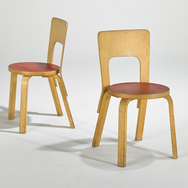 ALVAR AALTO; ARTEK: Pair of chairs, Finland, 1970s; Laminated beech and rubber; Unmarked; Each: 30" x 15" x 16 1/2"