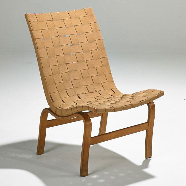 BRUNO MATHSSON; KARL MATHSSON: Lounge chair, Sweden, 1939; Birch and cotton webbing; Paper label; 32 1/2" x 19 1/2" x 26 1/2"