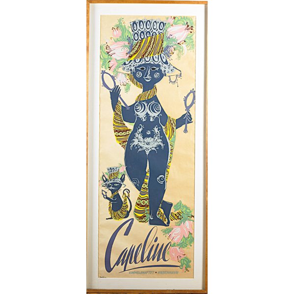 BJORN WIINBLAD (Danish, 1918-2006): Screenprint of female with hat and mirrors (framed); "Capeline, Vimmelskaftet Kobenhavn"; Signed in print; 65 1/2" x 23 3/4" (sight)