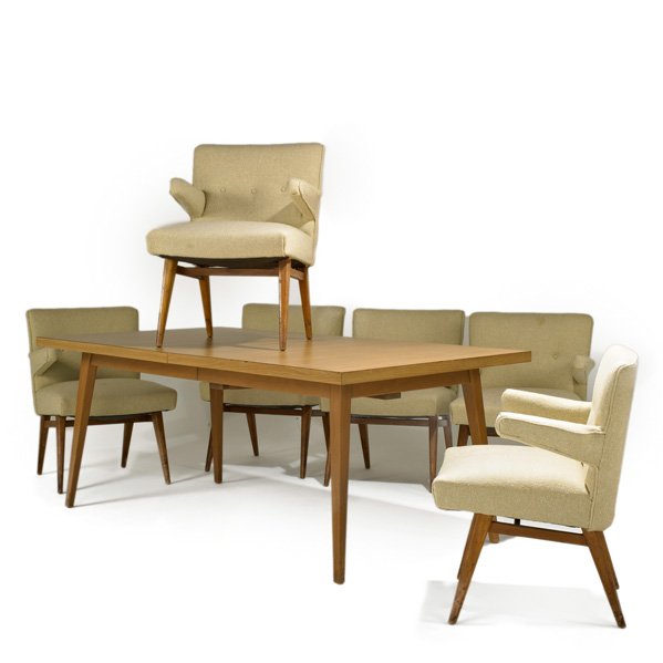 JENS RISOM; KNOLL ASSOCIATES: Dining table and set of six dining chairs, USA, 1950s; Laminate, birch and upholstery; Unmarked; Table: 29 1/2" x 73" x 40", one leaf: 16", each chair: 33" x 25" x 22"