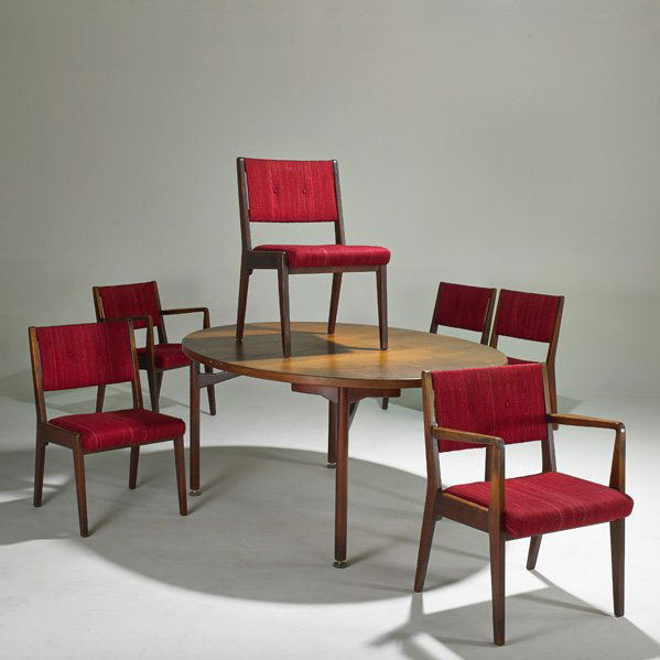 JENS RISOM; JENS RISOM DESIGNS, INC.: Dining table and six chairs, two-arm and six-side; Teak, wool, chromed steel; Unmarked; Table: 28 1/2" x 60" x 48", 2 leaves: each: 24" armchair: 31 1/2" x 23" x 22", side chair: 31: x 19" x 22"